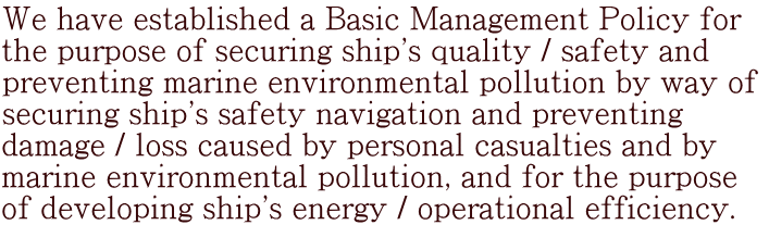 We have established a Basic Management Policy for  the purpose of securing ship's quality / safety and  preventing marine environmental pollution by way of  securing ship's safety navigation and preventing  damage / loss caused by personal casualties and by  marine environmental pollution, and for the purpose  of developing ship's energy / operational efficiency.